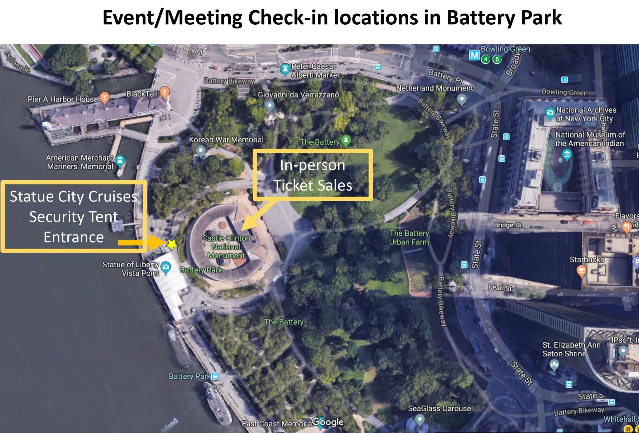 Event Meeting Check in locations in Battery Park