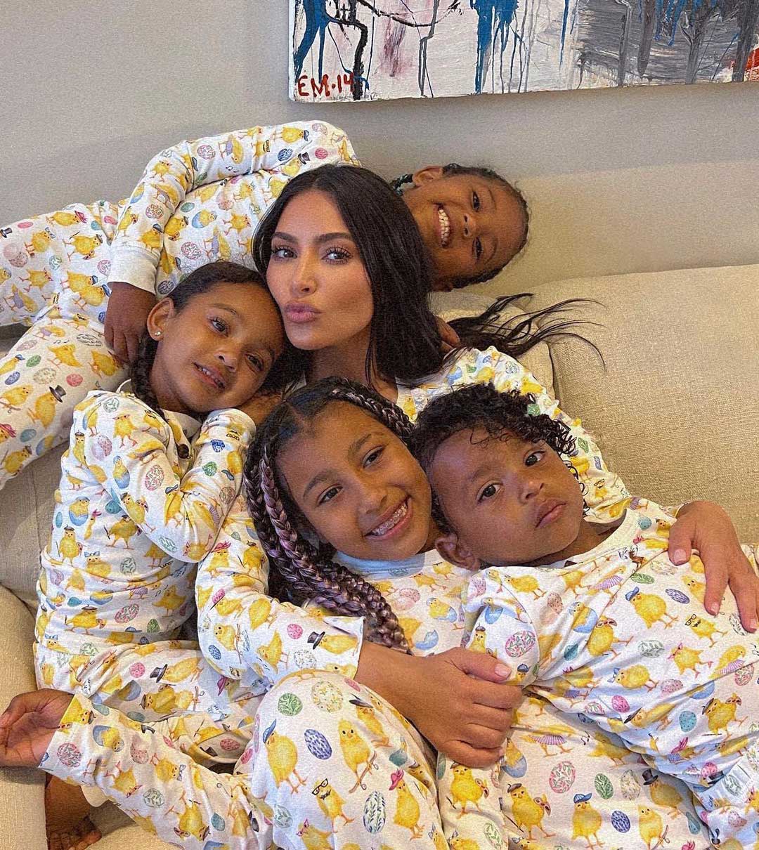 Kim Kardashian and her children in home