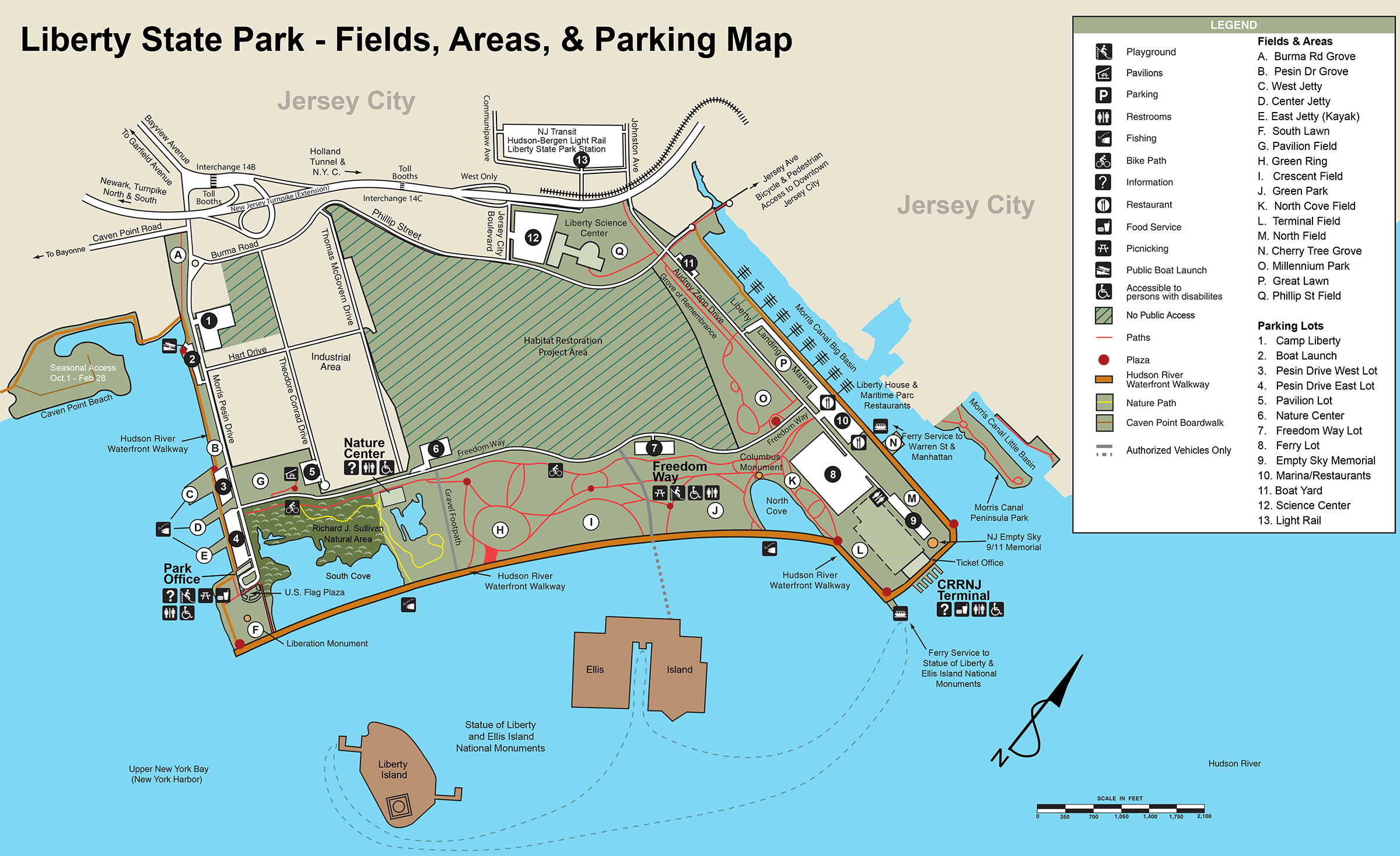 New York Liberty State Park Transport, Fields, Areas and Parking Map