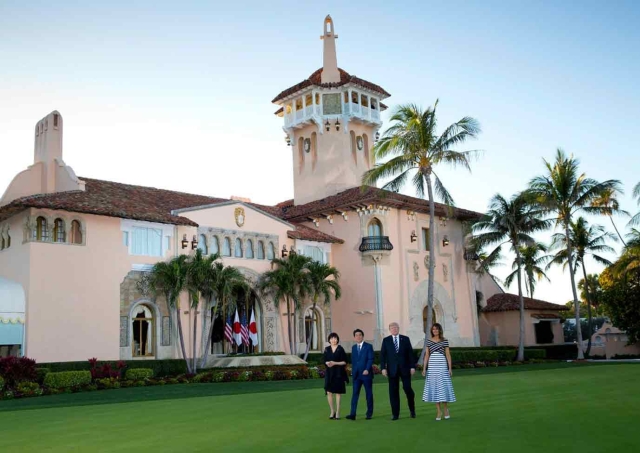 Donald Trump, Melania Trump, Shinzo Abe, and Abe's wife in Mar-a-Lago house, Palm Beach