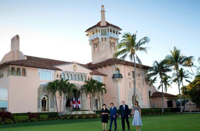 Donald Trump, Melania Trump, Shinzo Abe, and Abe's wife in Mar-a-Lago house, Palm Beach
